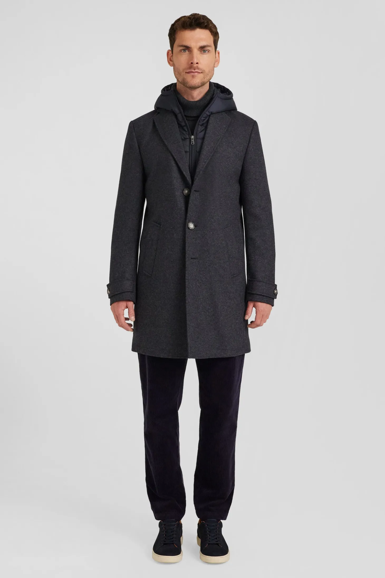 Anthracite grey double-faced wool jersey coat with quilted front