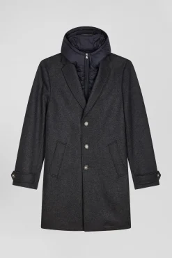 Anthracite grey double-faced wool jersey coat with quilted front