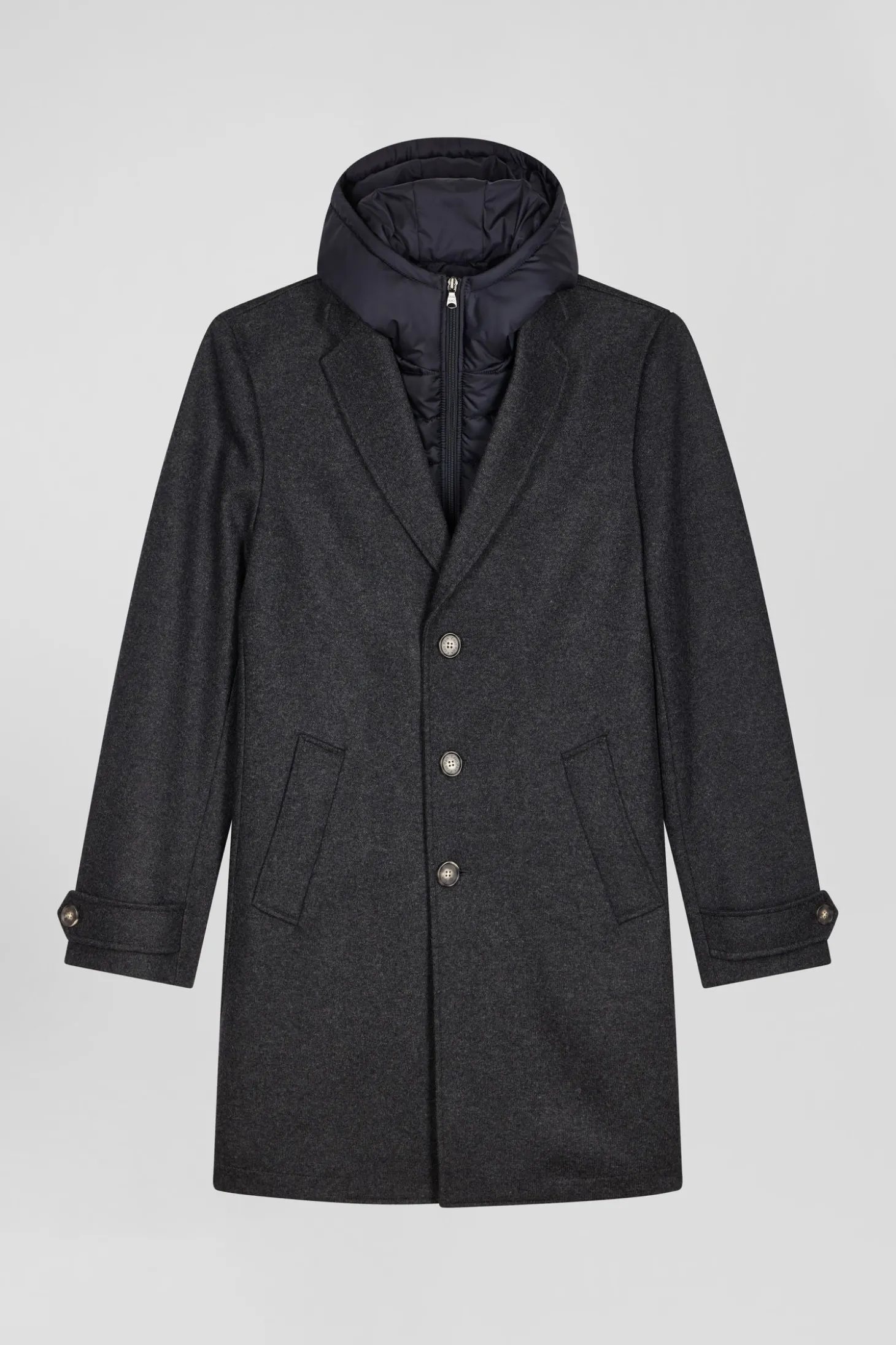 Anthracite grey double-faced wool jersey coat with quilted front