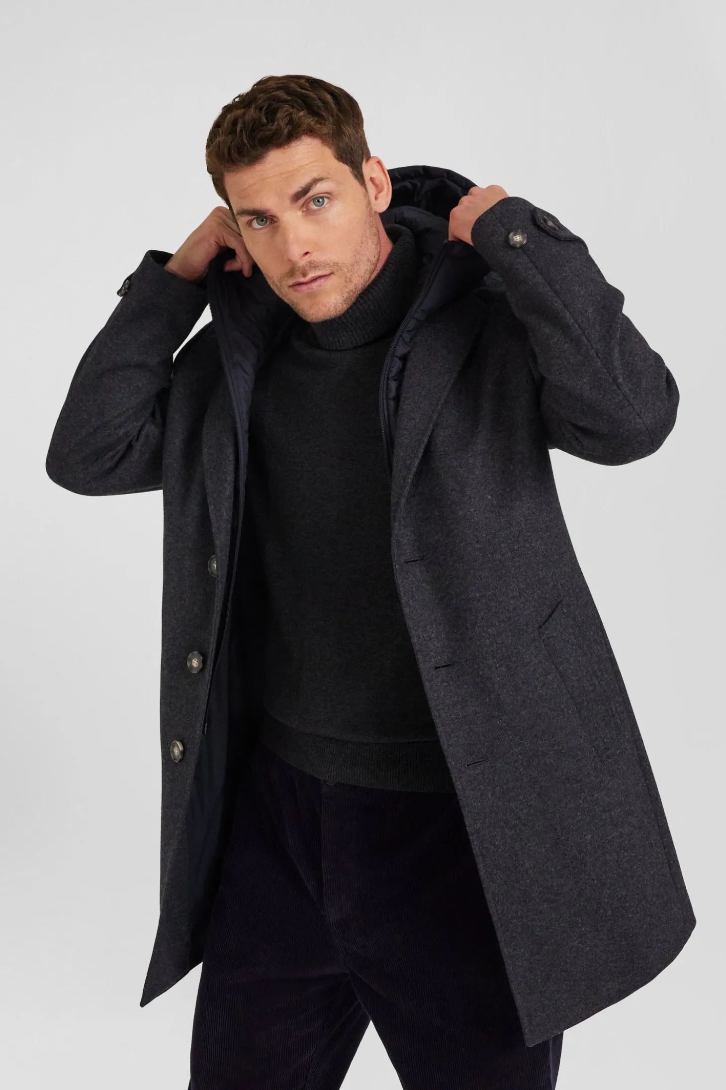 Anthracite grey double-faced wool jersey coat with quilted front
