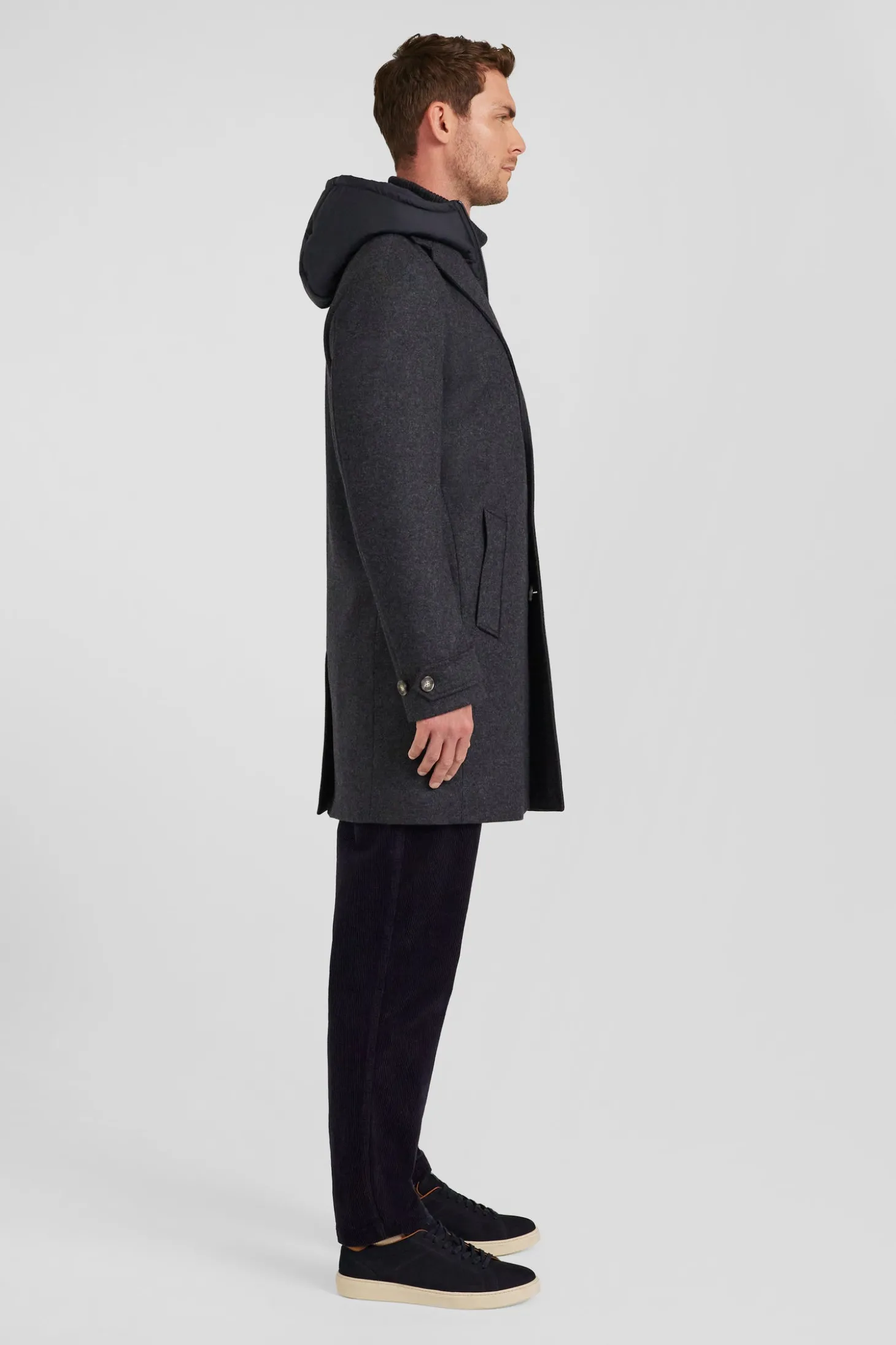 Anthracite grey double-faced wool jersey coat with quilted front