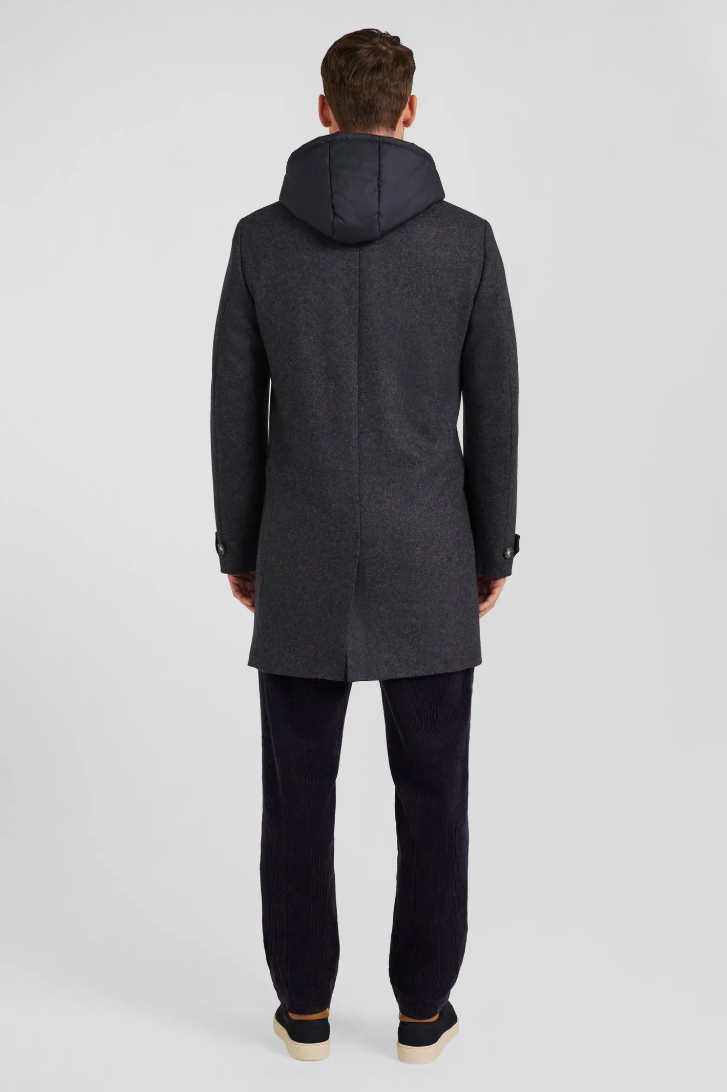 Anthracite grey double-faced wool jersey coat with quilted front