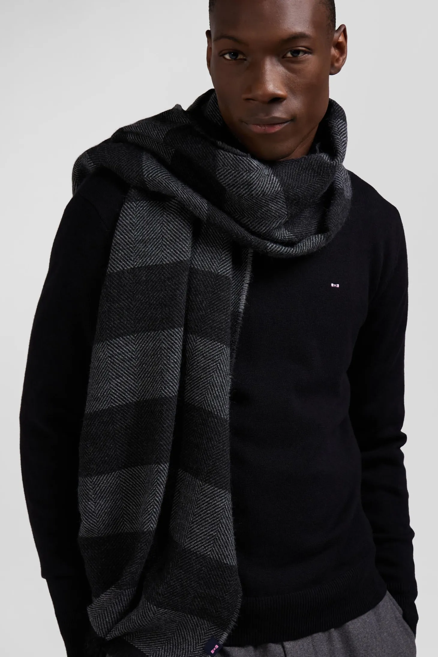 Anthracite grey striped mixed wool large scarf