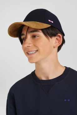 Bicolour navy blue and camel wool blend cap