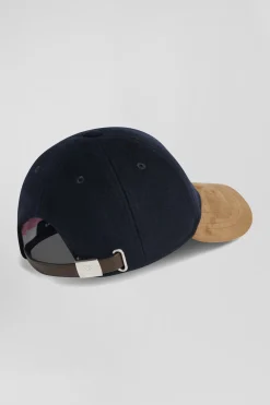 Bicolour navy blue and camel wool blend cap