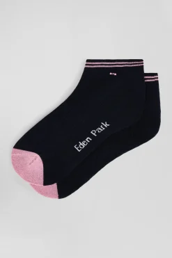 Bicolour navy blue cotton ankle socks with striped edges