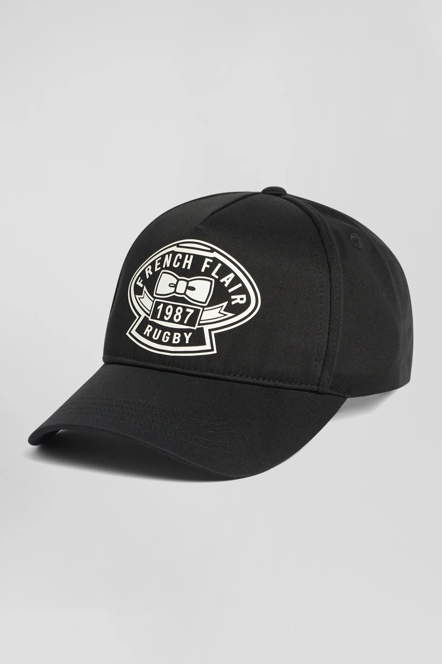 Black cotton cap with ivory embroidery