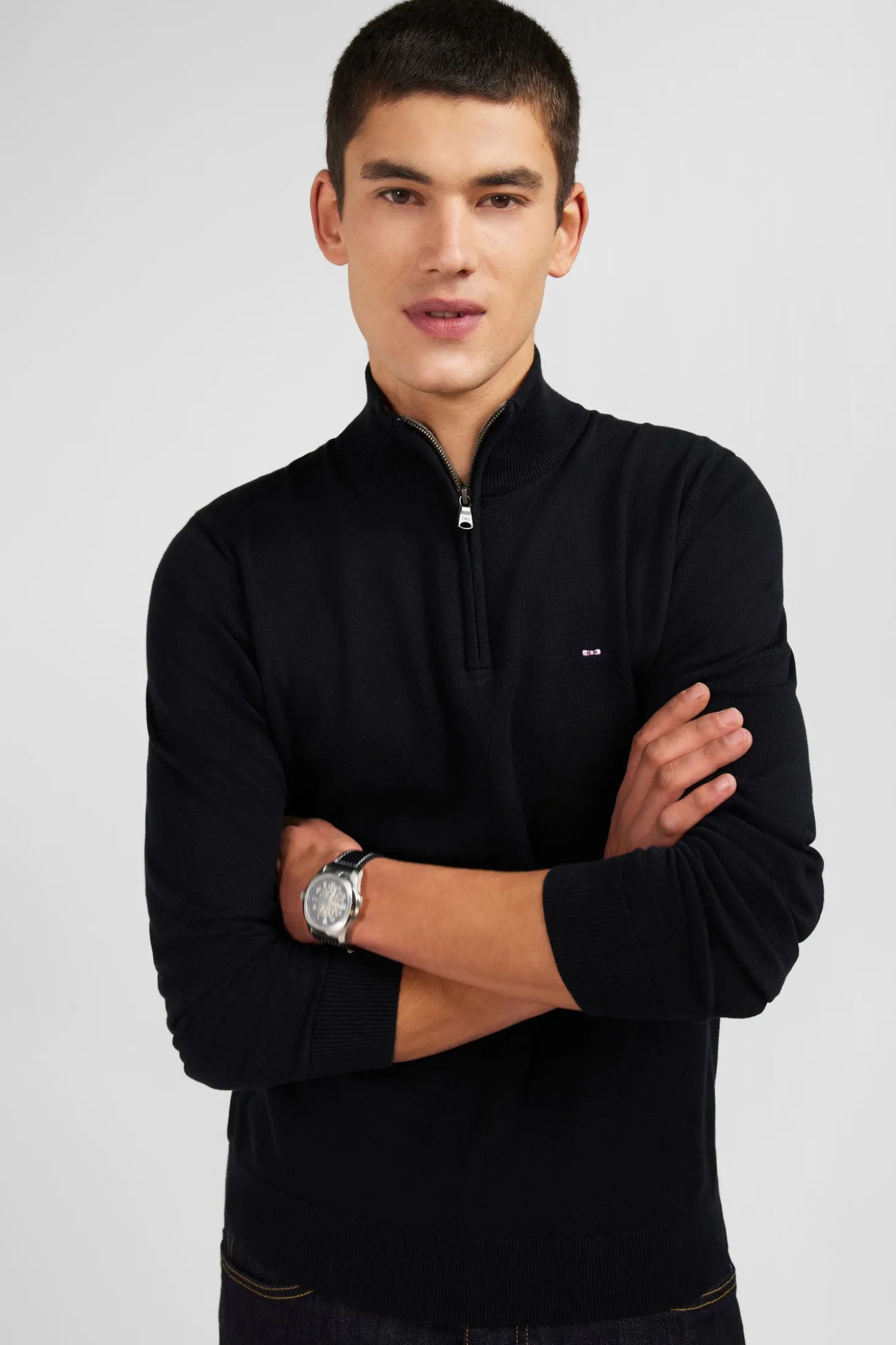Black cotton jersey jumper with trucker neck