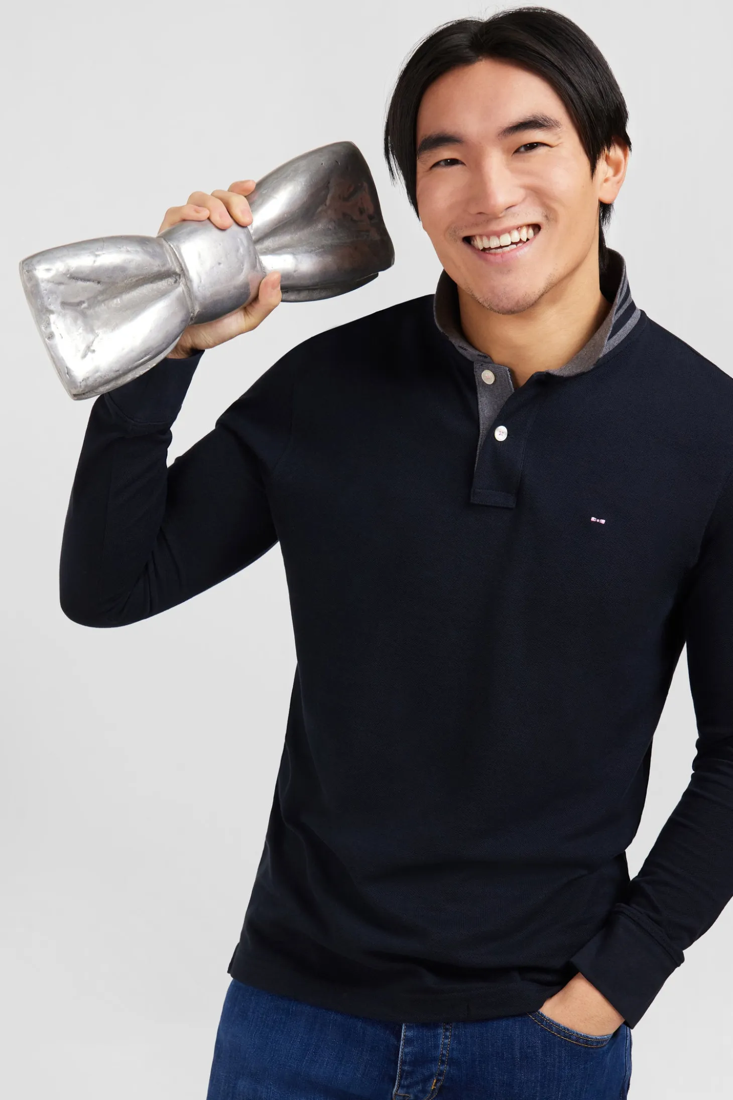 Black cotton polo with contrasting neck