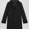 Black double-faced wool jersey coat with quilted front
