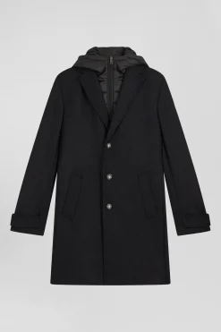 Black double-faced wool jersey coat with quilted front