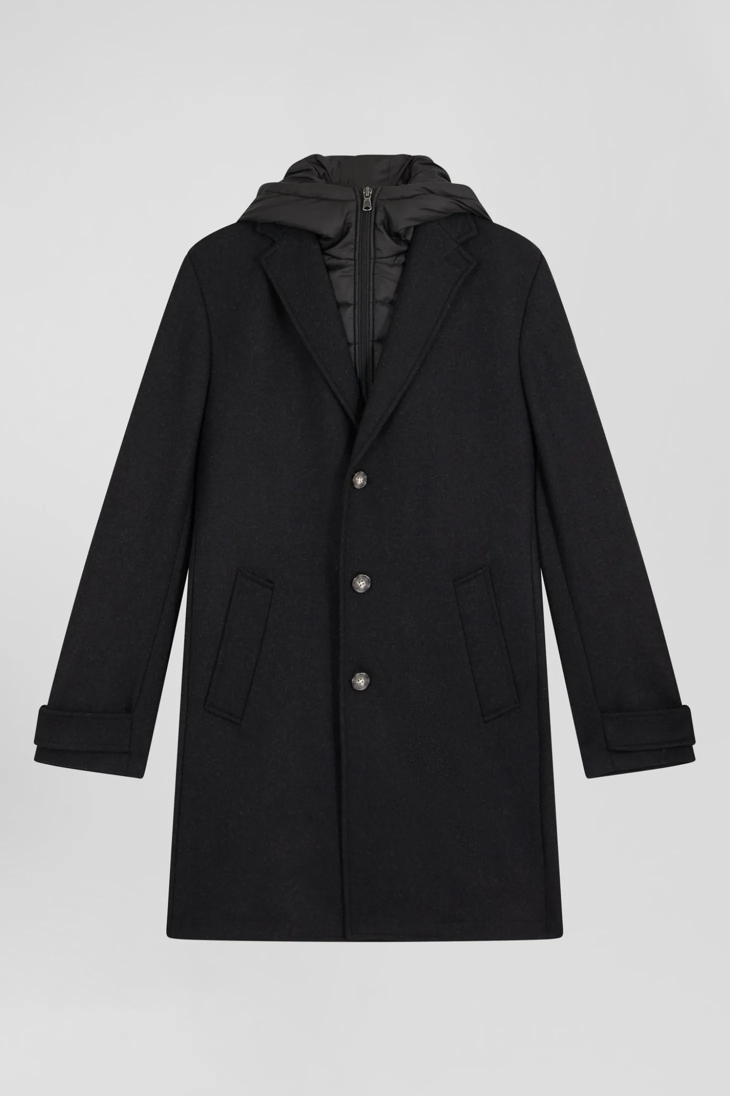 Black double-faced wool jersey coat with quilted front