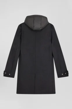 Black double-faced wool jersey coat with quilted front