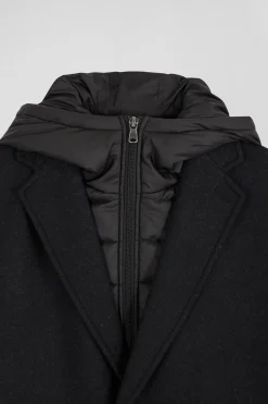Black double-faced wool jersey coat with quilted front