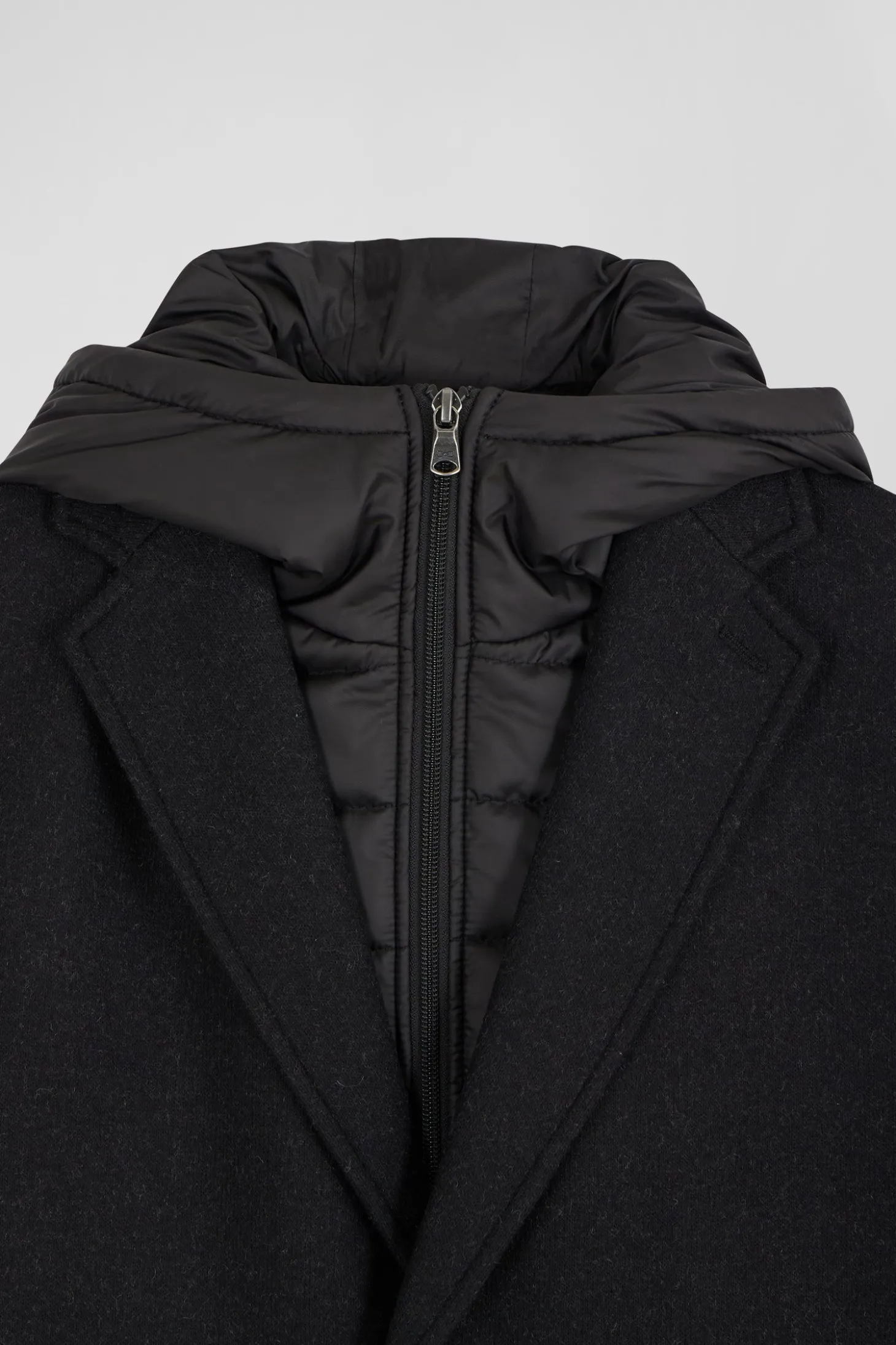 Black double-faced wool jersey coat with quilted front
