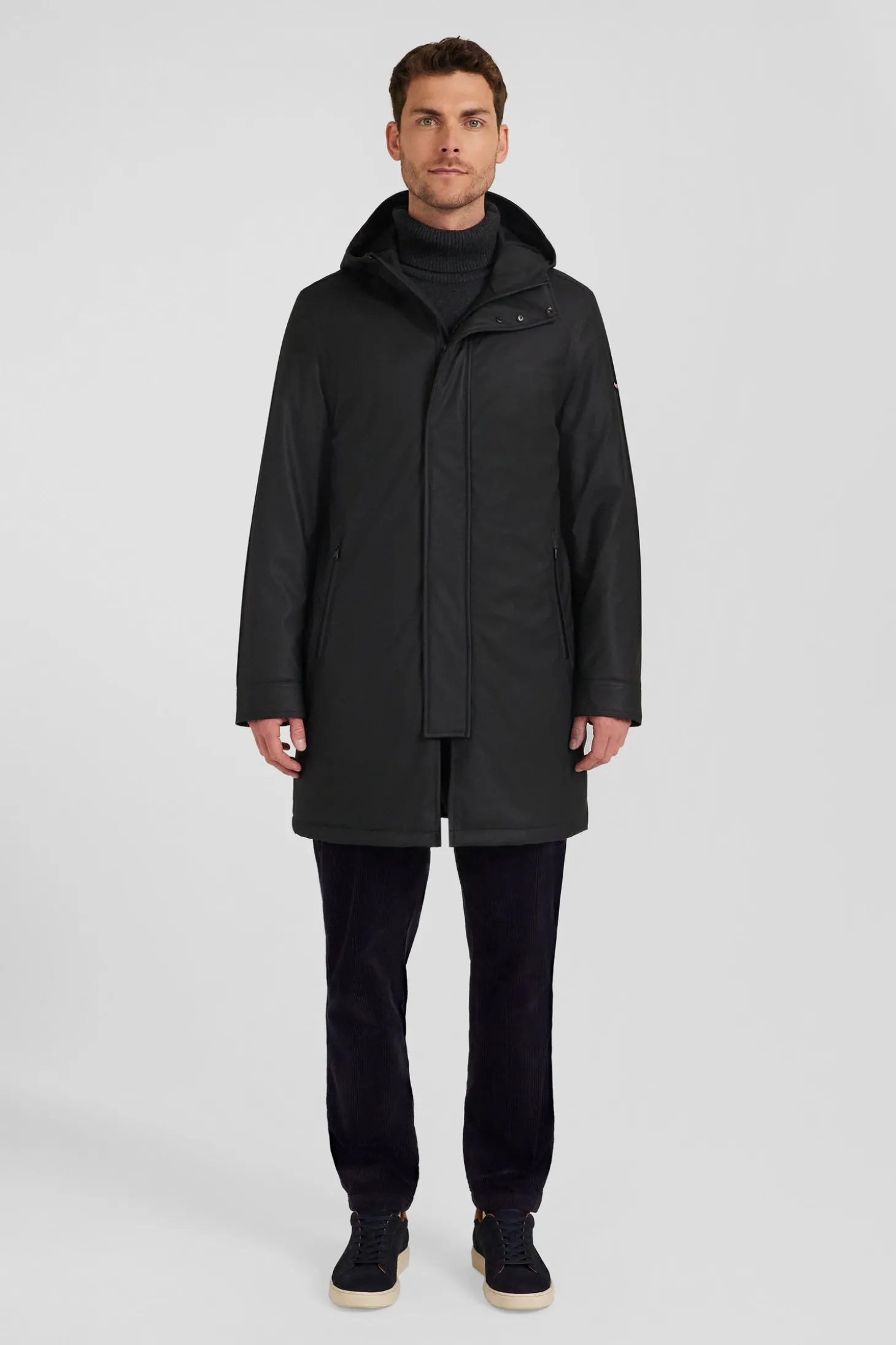 Black hooded raincoat