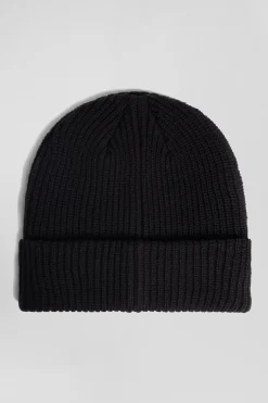 Black knitted beanie with bow tie embroidery