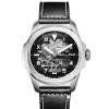 Black leather automatic skeleton watch