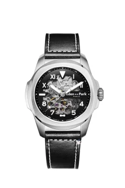 Black leather automatic skeleton watch
