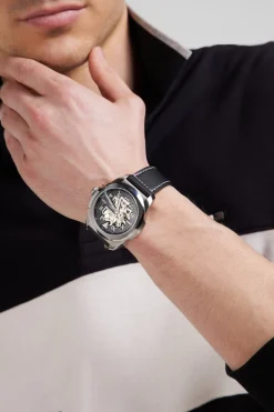 Black leather automatic skeleton watch