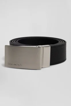 Black leather belt set with two metal buckles
