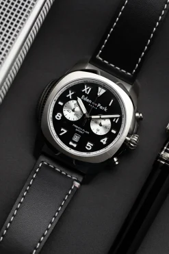 Black leather chronograph quartz watch