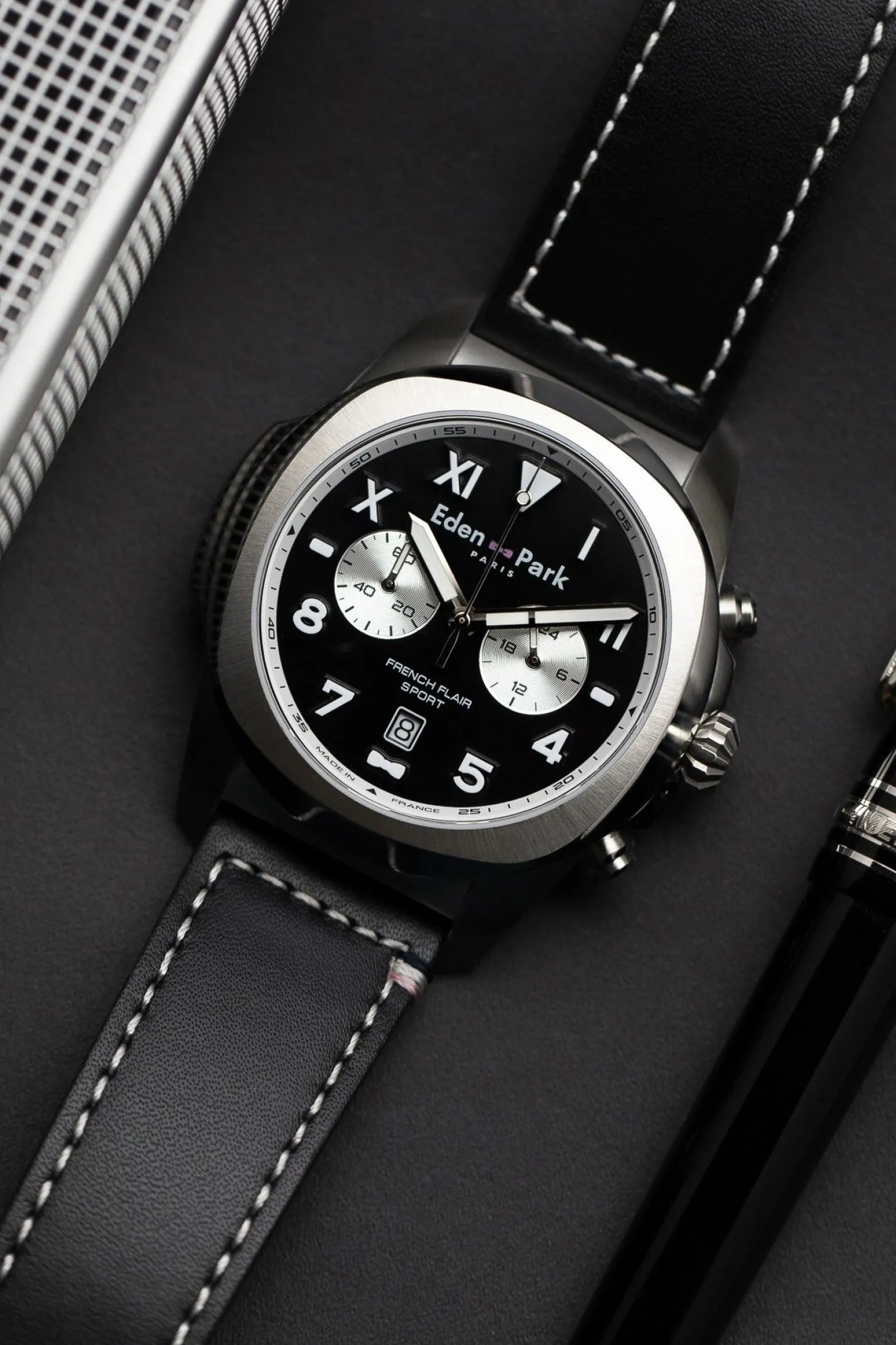 Black leather chronograph quartz watch