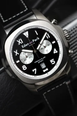 Black leather chronograph quartz watch