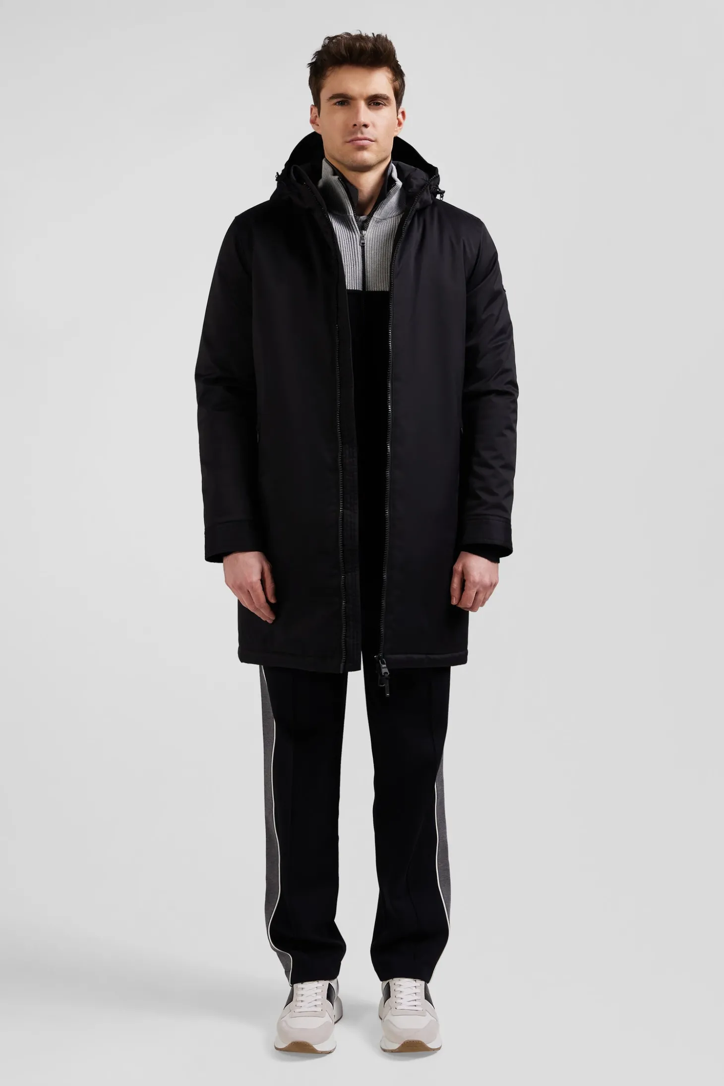 Black long hooded nylon parka