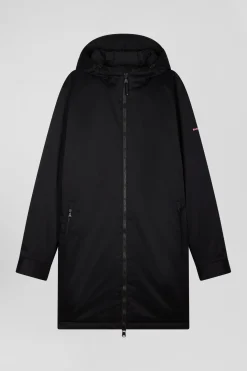 Black long hooded nylon parka
