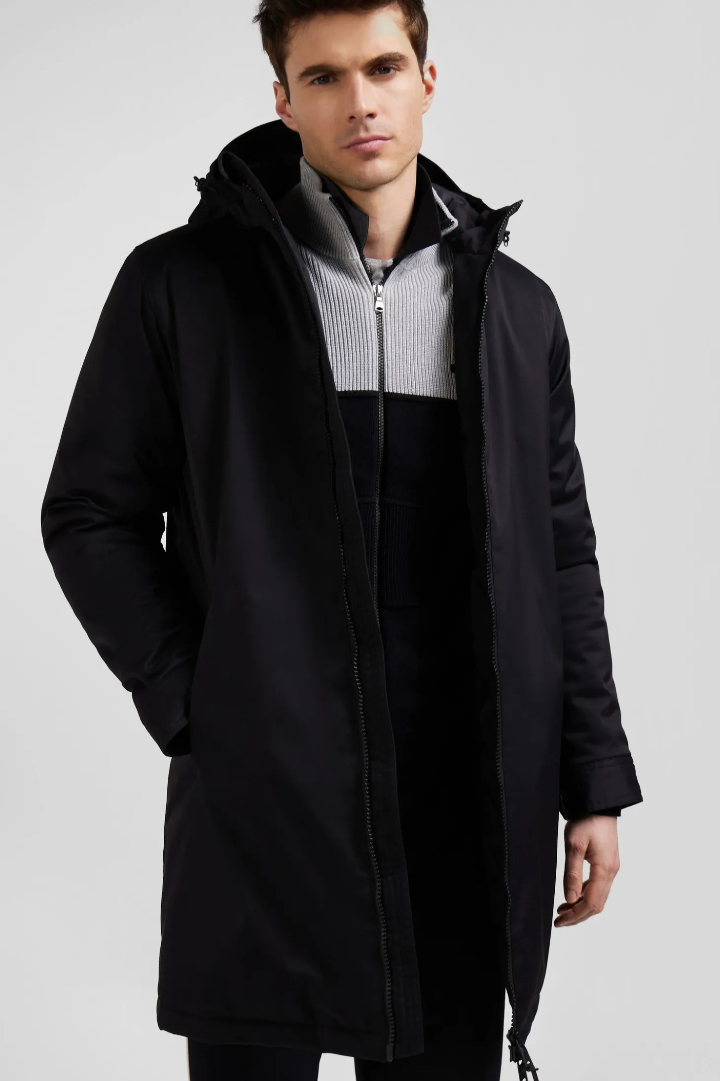 Black long hooded nylon parka