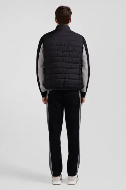 Black quilted sleeveless high collar down vest
