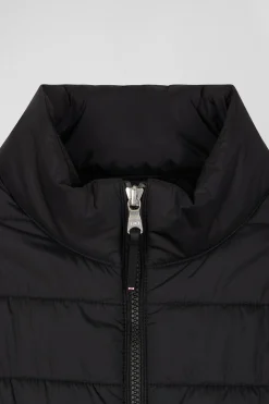 Black quilted sleeveless high collar down vest