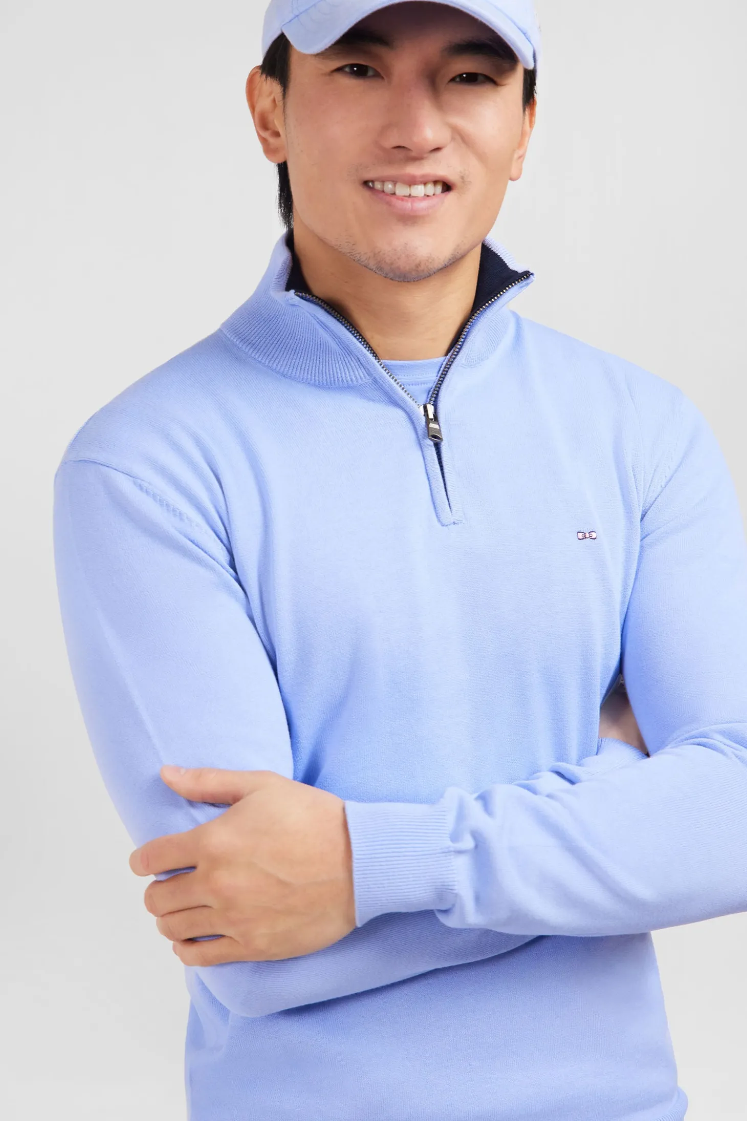 Blue cotton jersey jumper with trucker neck