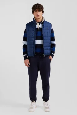 Blue quilted sleeveless high collar down vest