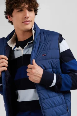 Blue quilted sleeveless high collar down vest
