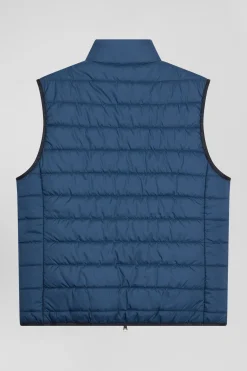 Blue quilted sleeveless high collar down vest