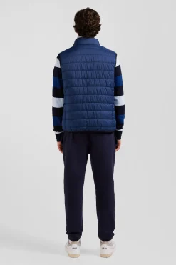 Blue quilted sleeveless high collar down vest