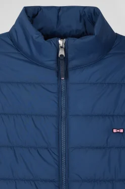Blue quilted sleeveless high collar down vest