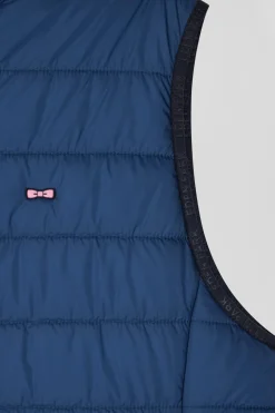 Blue quilted sleeveless high collar down vest