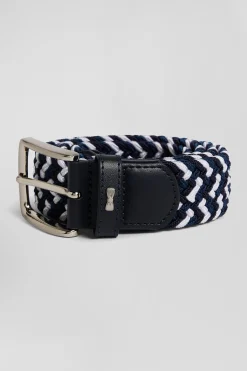 Blue rubber stretch braided belt with silver metal buckle