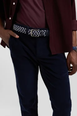 Blue rubber stretch braided belt with silver metal buckle