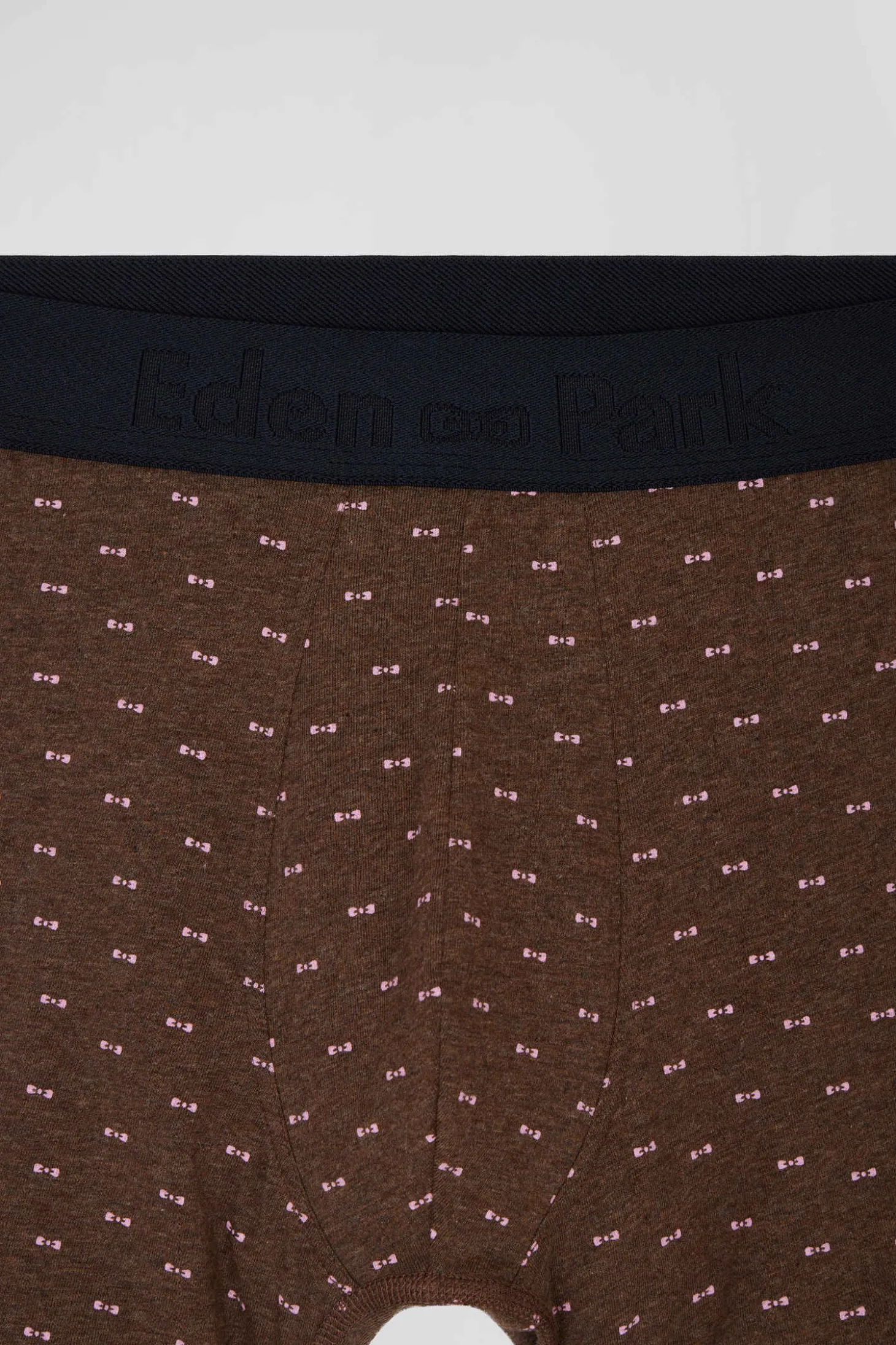 Brown and pink stretch cotton boxers with micro bow tie pattern