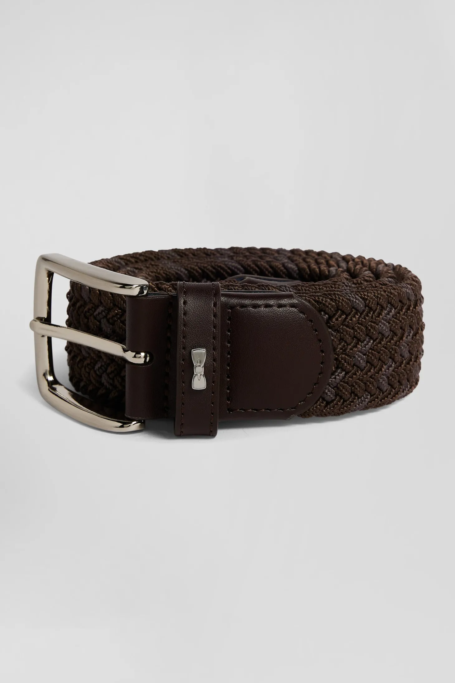 Brown braided belt with silver metal buckle