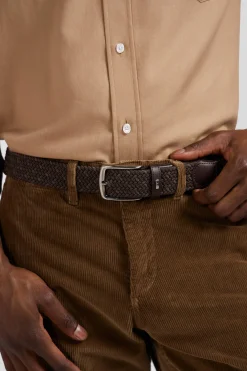 Brown braided belt with silver metal buckle