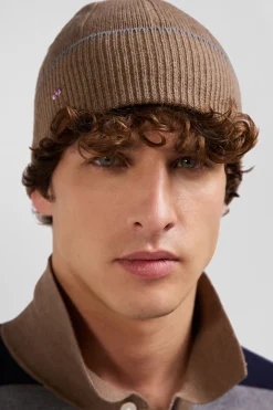 Brown cotton and cashmere beanie with contrasting trim