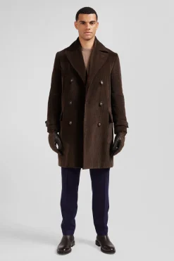 Brown double-breasted stretch cotton blend coat