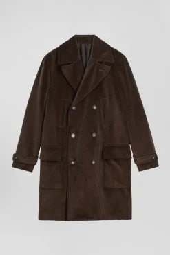 Brown double-breasted stretch cotton blend coat