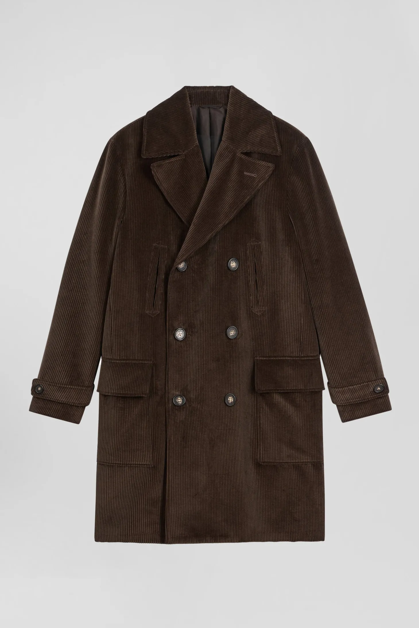 Brown double-breasted stretch cotton blend coat