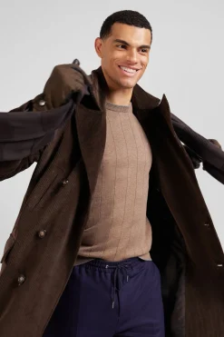 Brown double-breasted stretch cotton blend coat